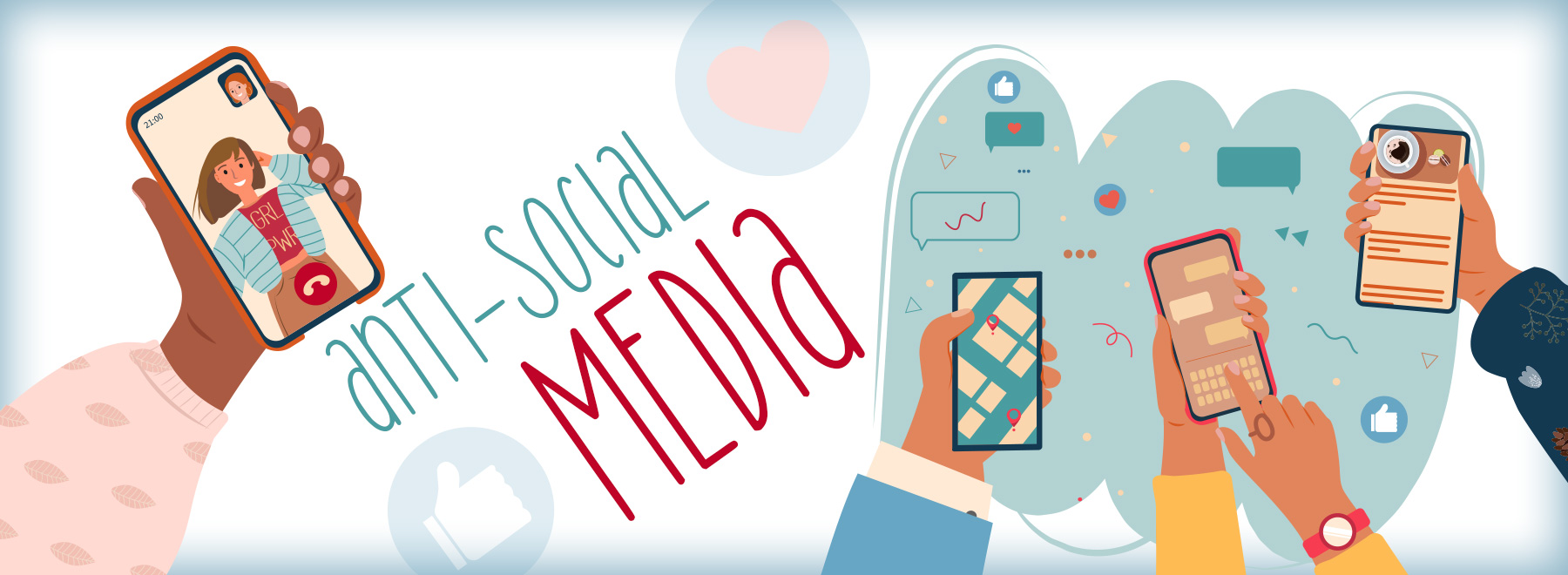 Illustrations depicting the dangers of social media, highlighting issues like privacy invasion and mental health impacts.